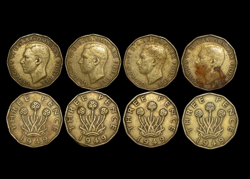Great Britain, George Vi (1936-1952), Nickel-Brass Threepence, 1949, Rare Date, Km# 873, Vf, Some Staining, A Lot Of (4) Coins