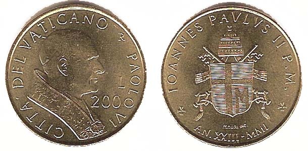 Vatican City Km335(U) 200 Lira Year 2001