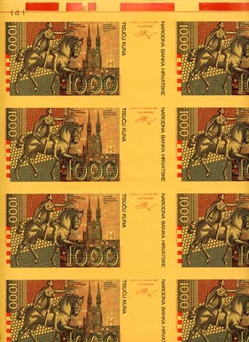 Croatia P35(Reverse)(U) 1,000 Kuna Uncut Sheet Of 40 Notes