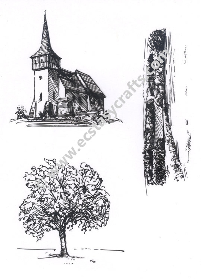 Joy Crafts Clear Stamp - Church, Tree, Landscape