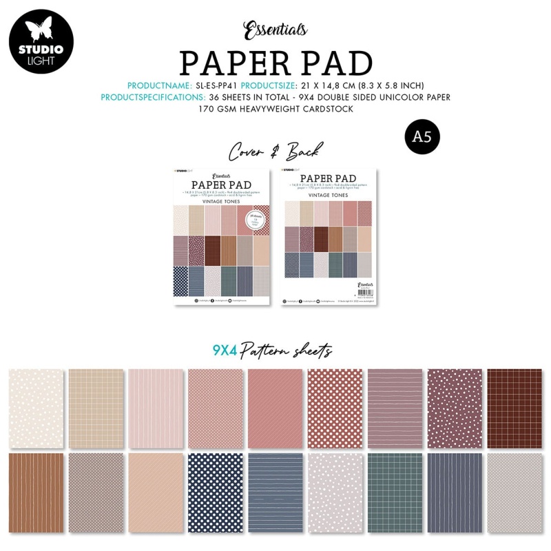 Sl Paper Pad Double Sided Unicolor Patterns Vintage Essentials 210X148x9mm 36 Sh Nr.41