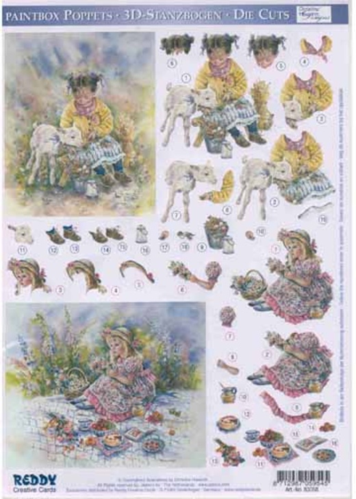 3D Precut Paintbox Poppets 9 - Girls With Lamb And Picnic