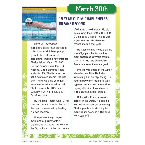 21St Century March Daily Comprehension: High Interest Reading Activities