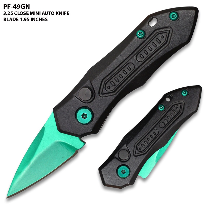 New Green Blade Push Button 5 Inches Overall Legal Auto Knife Black Handle