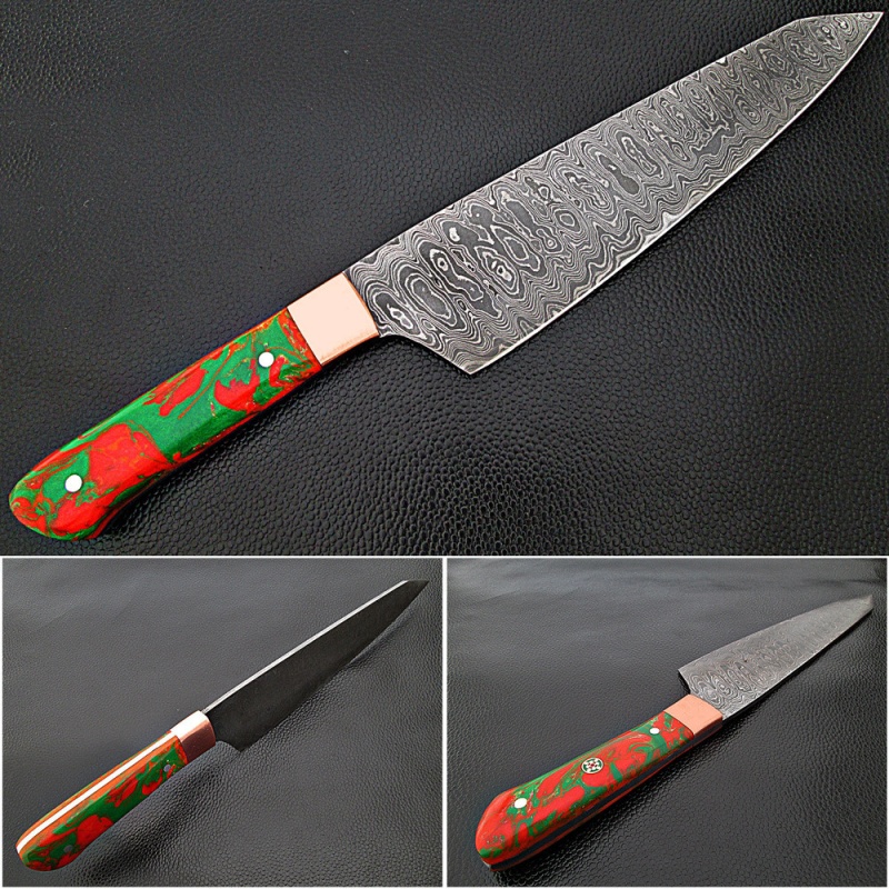 Ultra Sharp Santoku Forged Chef Knife Damascus Steel Red/Green Resin Grips By White Deer