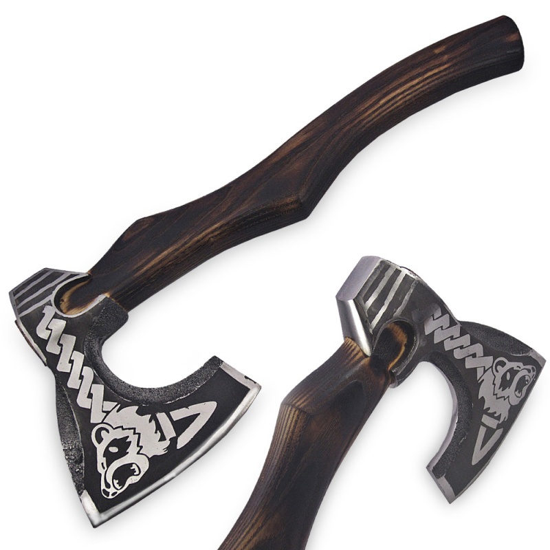 Hand Forge Alaska Brown Bear Head Etched Axe