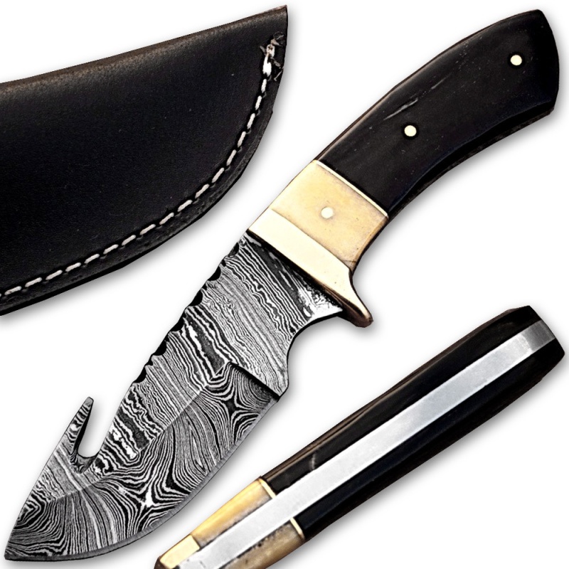 White Deer Damascus Steel Hunting Knife Camel Bone & Buffalo Horn Handle