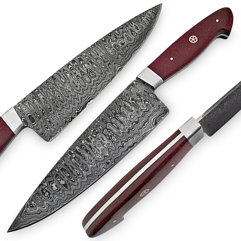 White Deer Damascus Steel Santoku Japanese Chef Knife Red Micarta Handle