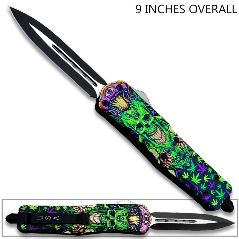 3D Joker Skull Otf Double Edge Knife – Green & Purple Cannabis Leaf Design, Automatic Out-The-Front Tactical Blade