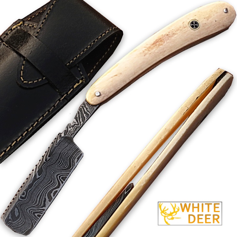 Custom Made Damascus Steel Straight Razor W/ Camel Bone Handle w