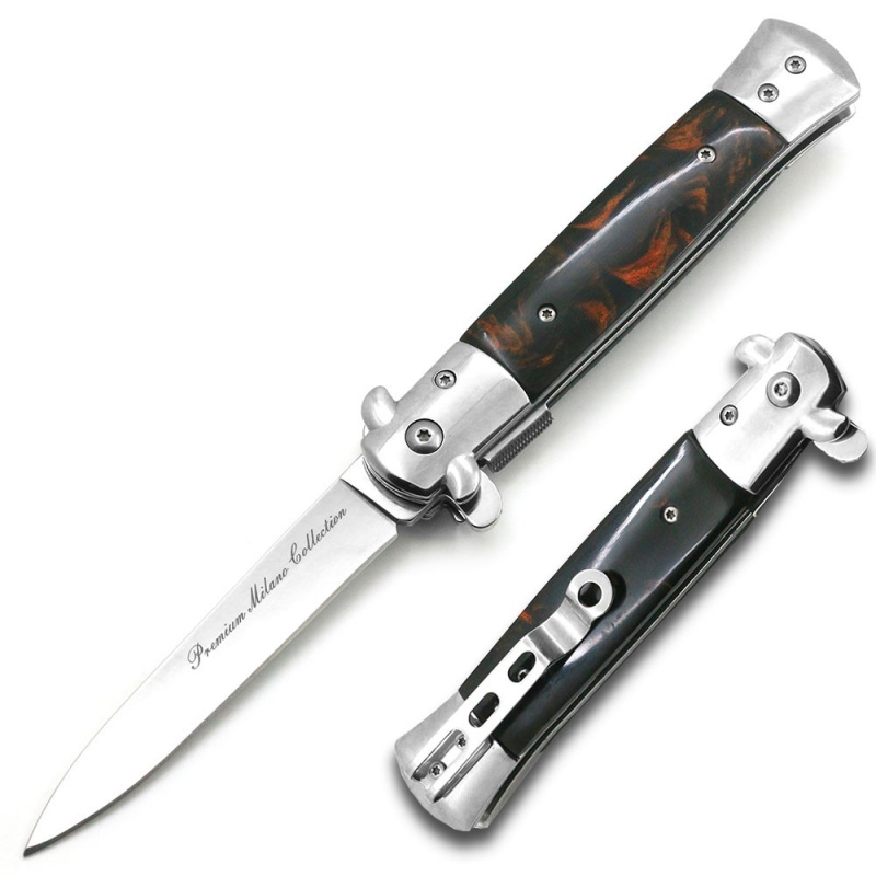 Premium Stiletto Milano Brown Marble Spring Assist Knife