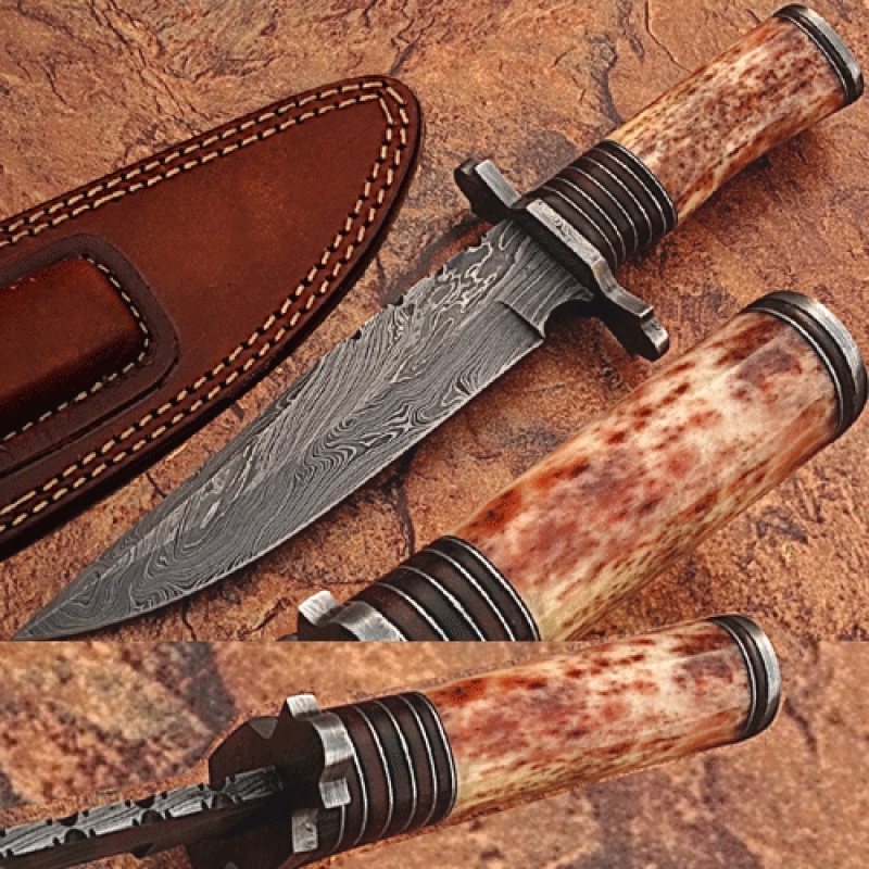 Custom Made Damascus Steel Hunting Knife W/ Boon Handle