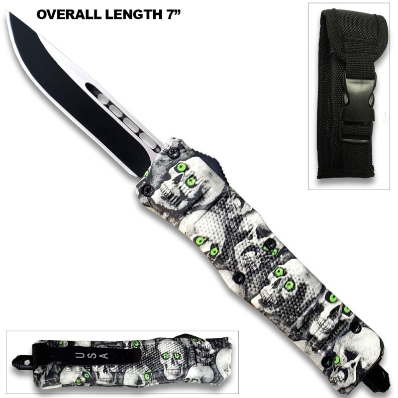 3D Skull With Black & White Zombie Straight Blade Otf Knife W/Green Eye