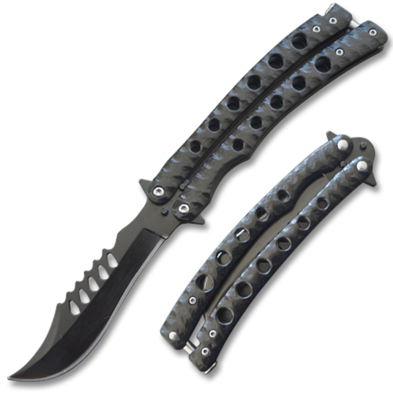 Serrated Swift Black Handle Balisong Black Blade Coated Butterly Knife Curved Blade