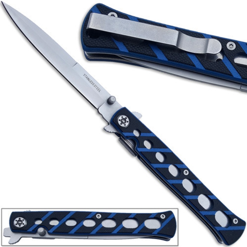 Full Size Slickster Stiletto Knife with Slim Fox Blue G10 Handle