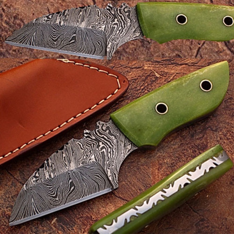Custom-Made Damascus Steel Skinner Knife with Green-Colored Camel Bone