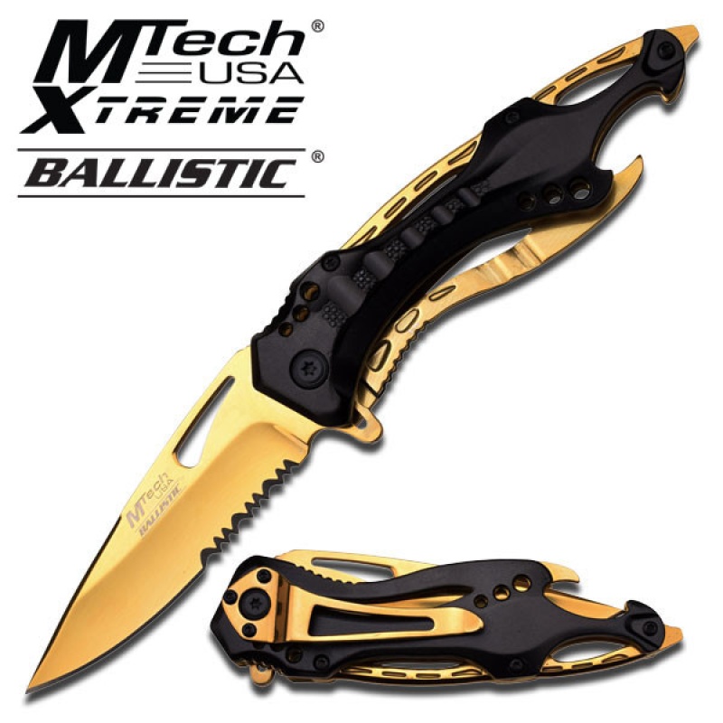 Mtech Ballistic Tactical Sporting Knife | Gold Titanium Coated Blade, Black Metal Handle