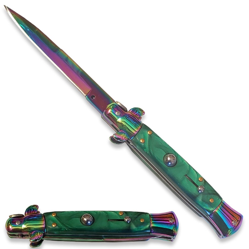 Stiletto Rainbow Blade Automatic Knife Green Handle