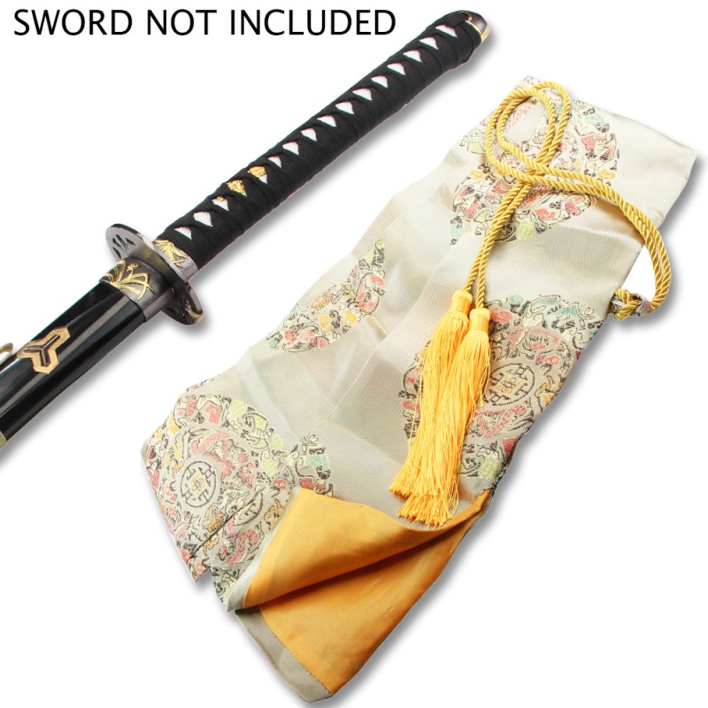 Beige Silk Embroidered Sword Bag With Gold Rope Tie