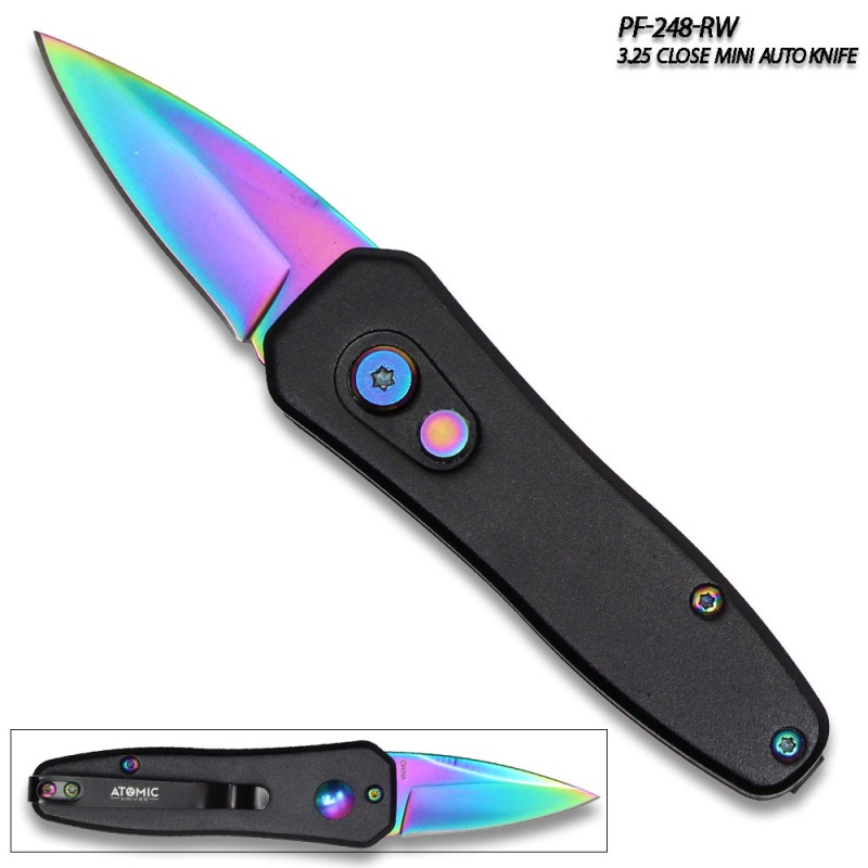 Rainbow Push Button Legal Auto Knife Black Handle