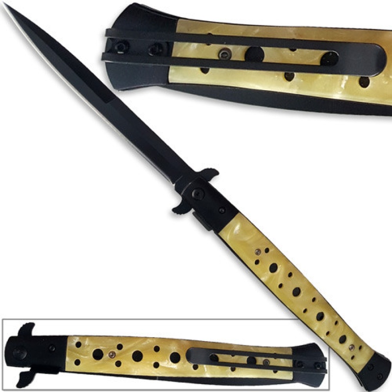 Huge Italian Stiletto Knife Spring Assist | Pearl Handle 13.25In