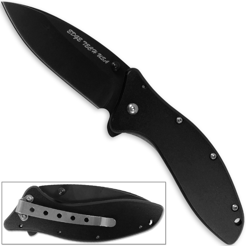 Edge Tech Usa Quick Open Knife Folding Pocket All Black Pro Edc Drop Point
