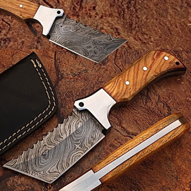 Custom Made Damascus Tracker Knife W/ Full Tang Olive Wood Handl