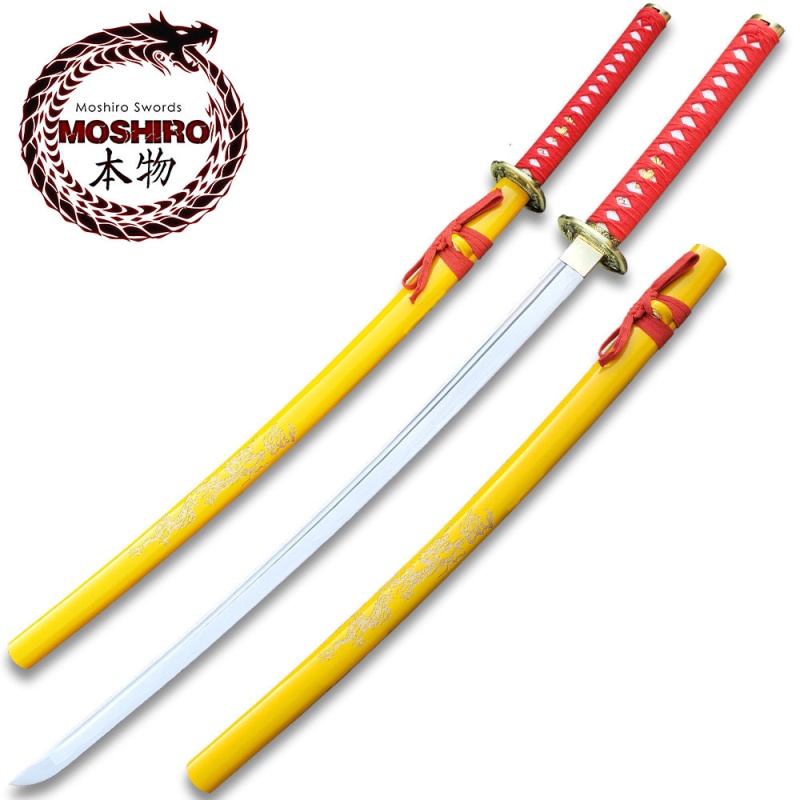 Moshiro 1045 Steel Handmade Katana With Dragon Engraved On Yellow Scabbard