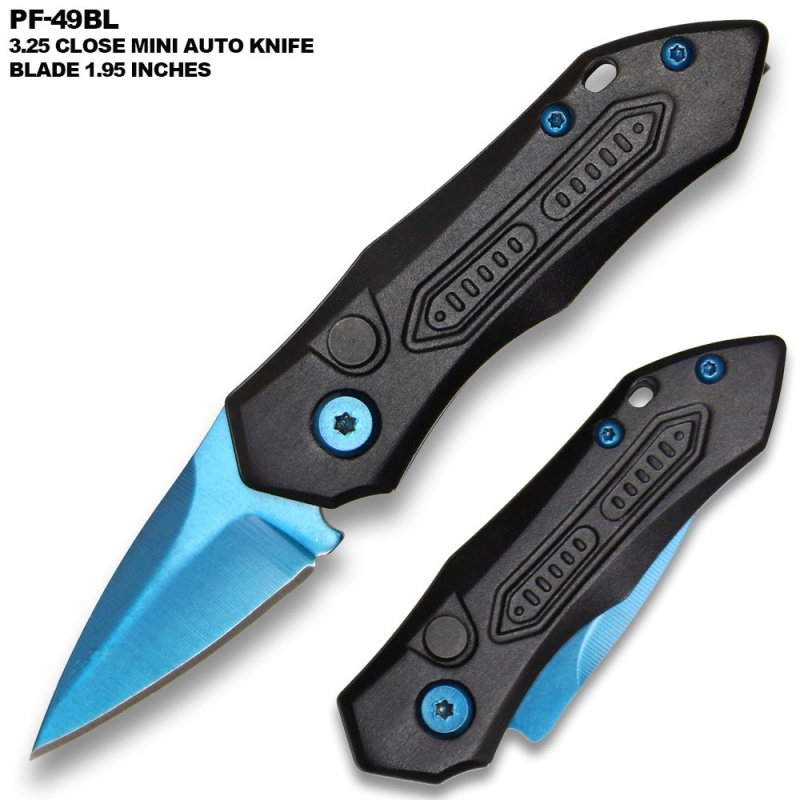 Blue Blade Push Button 5 Inches Overall Legal Auto Knife Black Handle