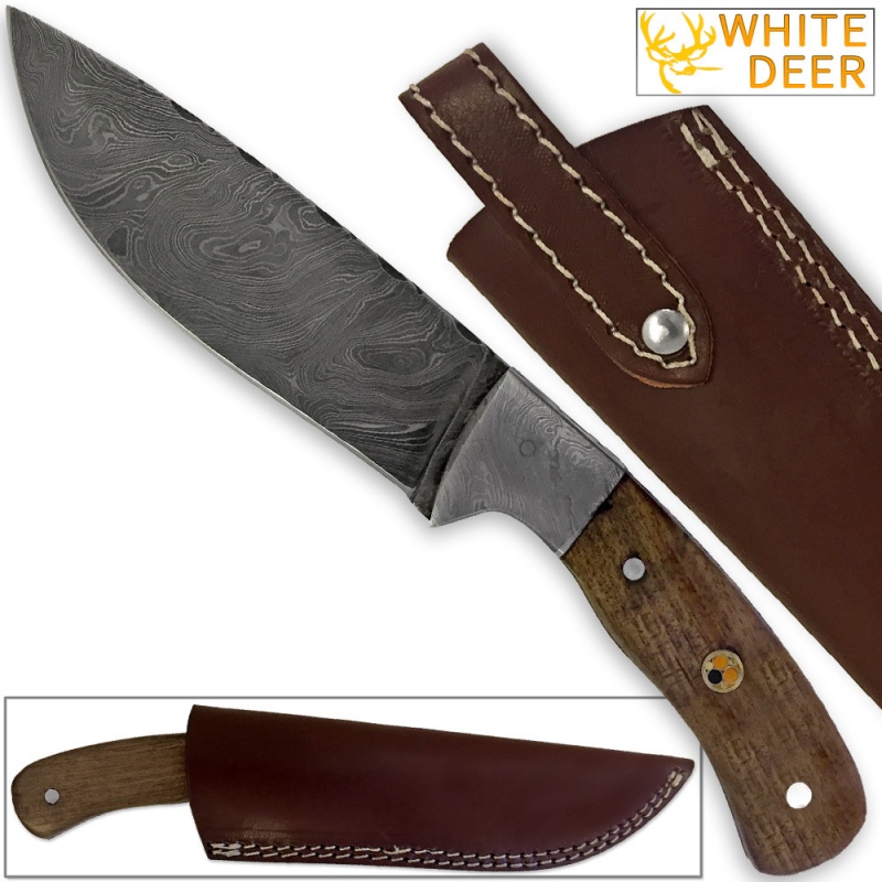 White Deer Hunters Legend Damascus Steel Knife Walnut Wood Handle & Mosaic Pin