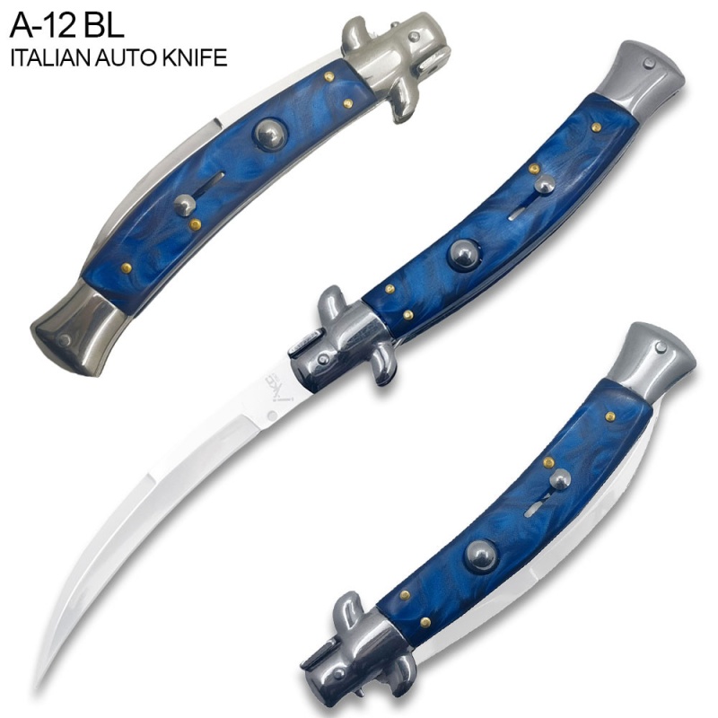 Blue Italian 9.75" Stiletto Switch Curved Blade Pocket Knife