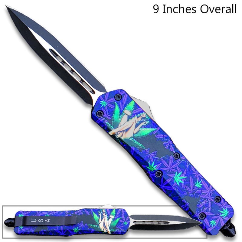Mystic Forest Guardian OTF Knife – 3D Girl With Green & Purple Leaves 9 Inches