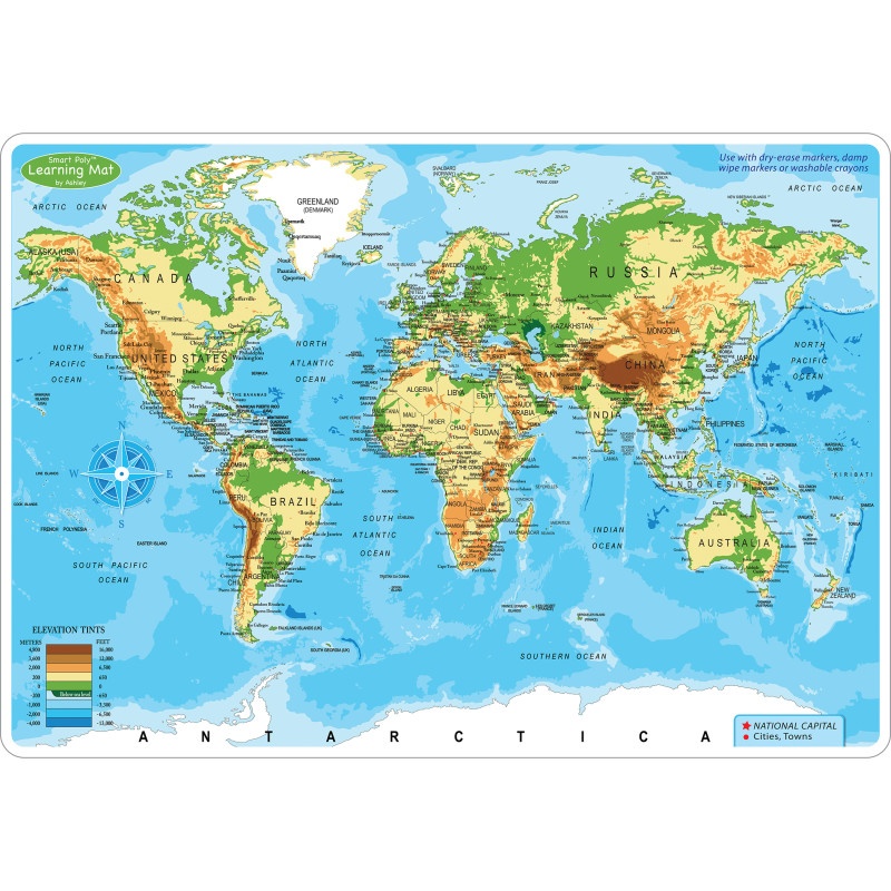 World Map Physical Learn Mat 2 Side Write On Wipe Off