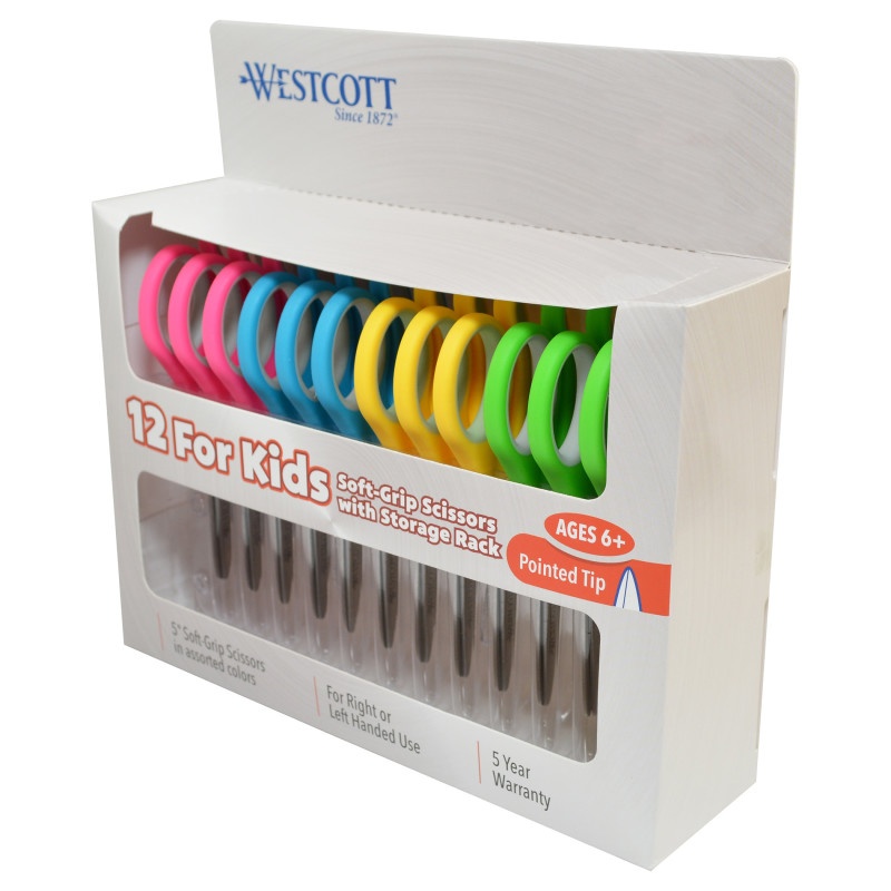 School Kumfy Grip Left-Handed Kids Scissors, 5 Blunt, Assorted Colors |  Bundle of 5