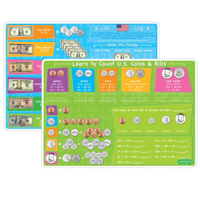 Us Money&Coins Learning Mat 2 Sided Write On Wipe Off