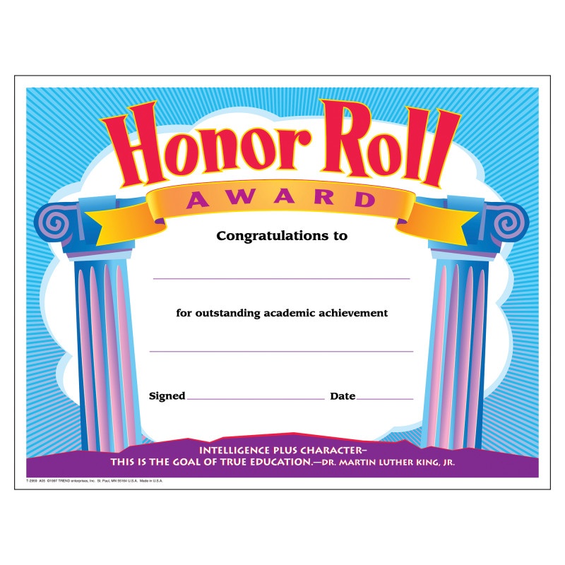 Certificate Honor Roll Award 30/Pk 8-1/2 X 11