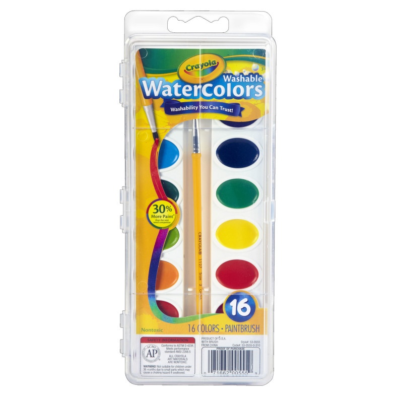 Crayola Washable Watercolor Set 16 Semi Moist Oval Pans 1 Brush