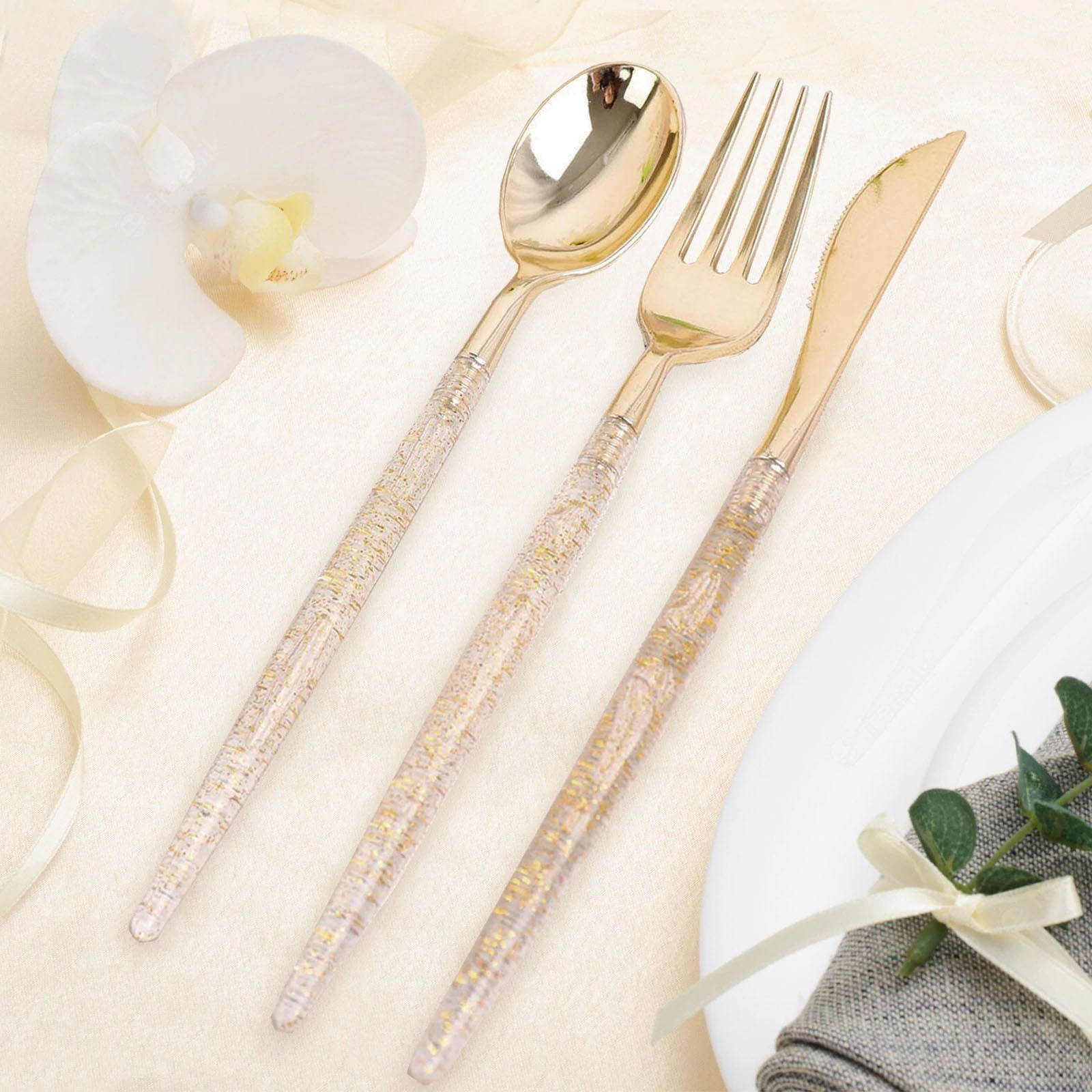 Gold with White Handle Moderno Disposable Plastic Cutlery Set