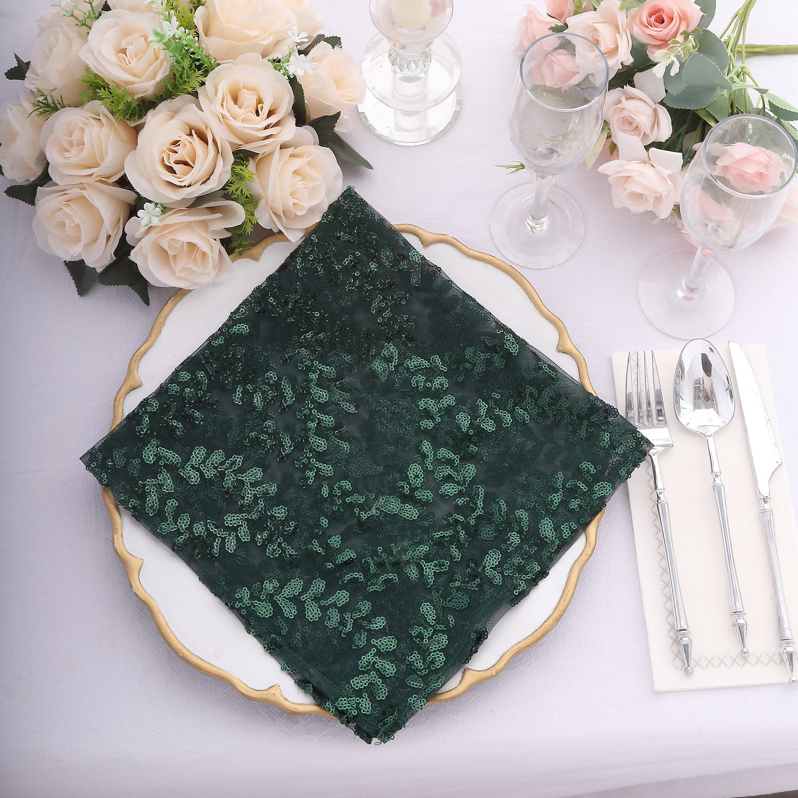 Sparkly Silver Leaf Vine Embroidered Sequin Tulle Cloth Dinner