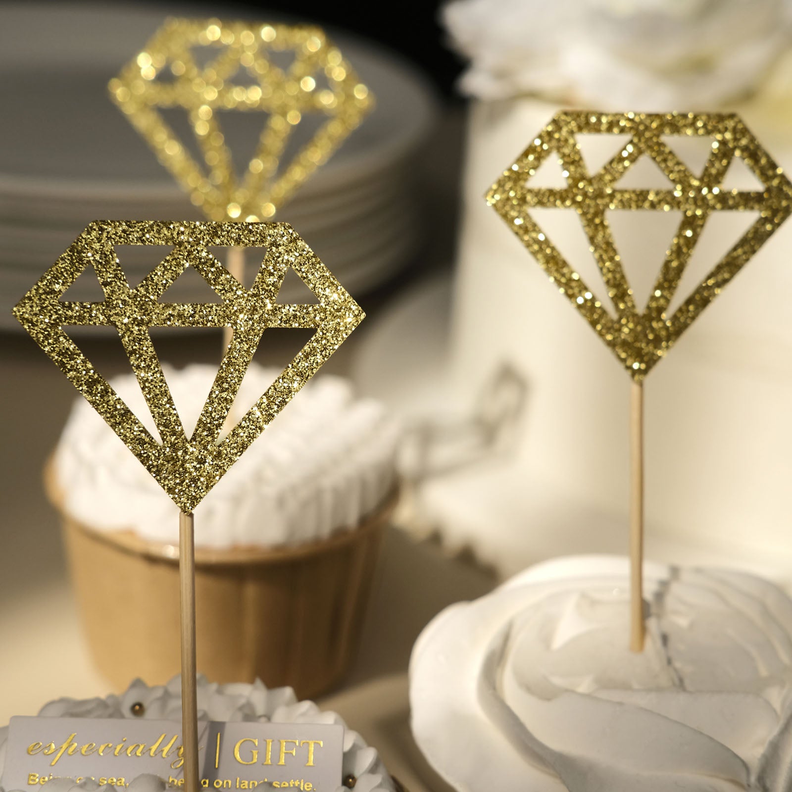 24 Pack | Glitter Gold Diamond Ring Cupcake Toppers, Party Cake ...