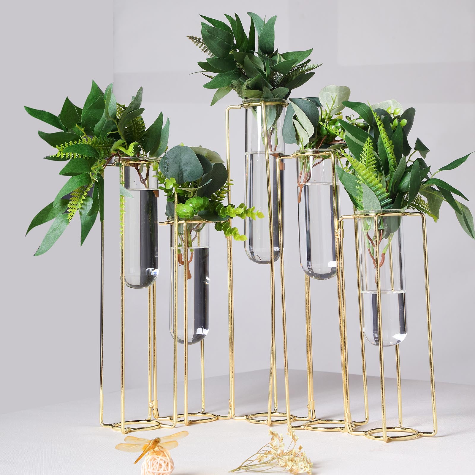 Hinged Flower Vases Test Tube Flower Vase with 5 Test Tubes Gold Metal  Frame