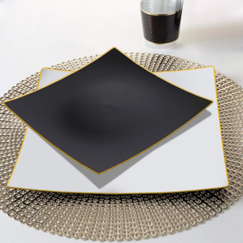 10 Pack Black / Gold Concave Modern Square Plastic Dessert Plates