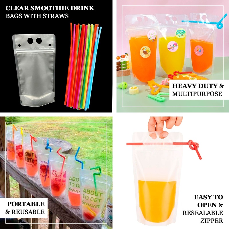 Plastic Beverage Bags Clear Straw Juice Drink Pouch Stand Up Juice