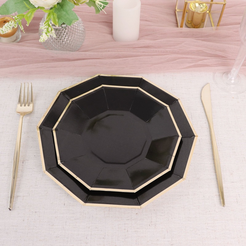 25 Pack, Black 9 Geometric Dinner Paper Plates, Disposable Plates Decagon  Shaped With Gold Foil Rim in 2023