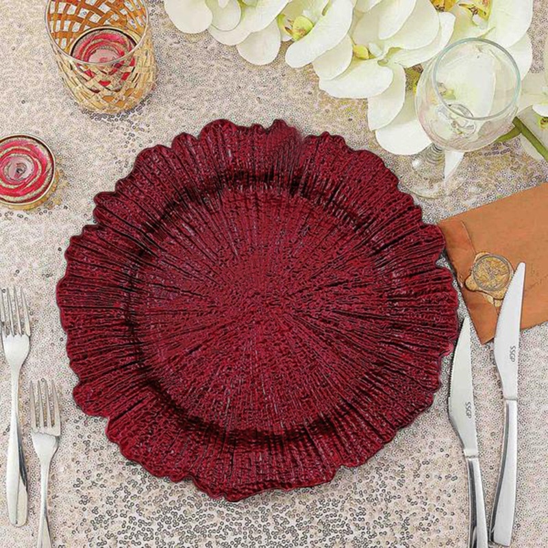 6 Pack | 13" Burgundy Round Reef Acrylic Plastic Charger Plates, Dinner ...