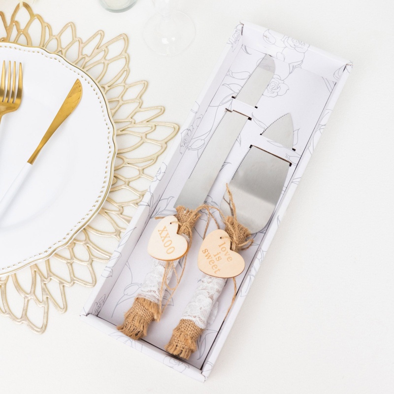 Natural Rustic Jute Lace Wedding Cake Knife Server Party Favors Set