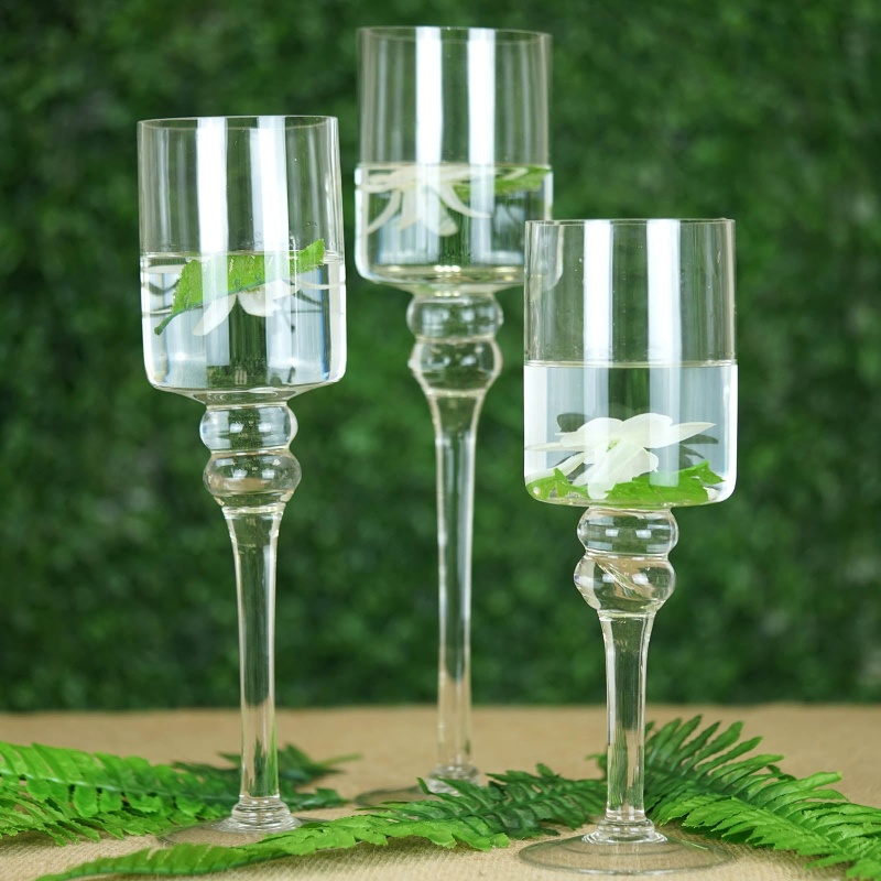 Set Of 3 Clear Long Stem Cylinder Glass Vases, Tealight Candle