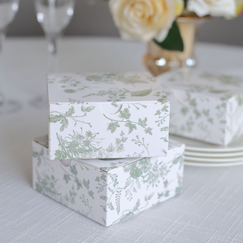 25 Pack White Sage Green Floral Print Paper Gift Boxes, Cardstock Party  Shower Candy Favor Boxes - 4X4x2
