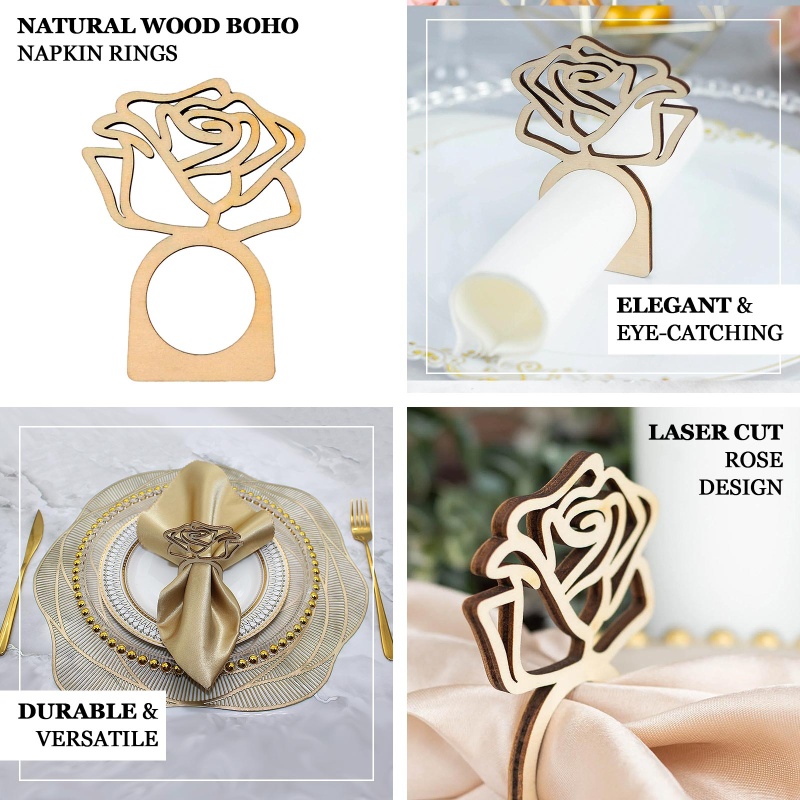 10 NATURAL Laser Cut Rose Design Wood NAPKIN RINGS Party Events Home  Decorations