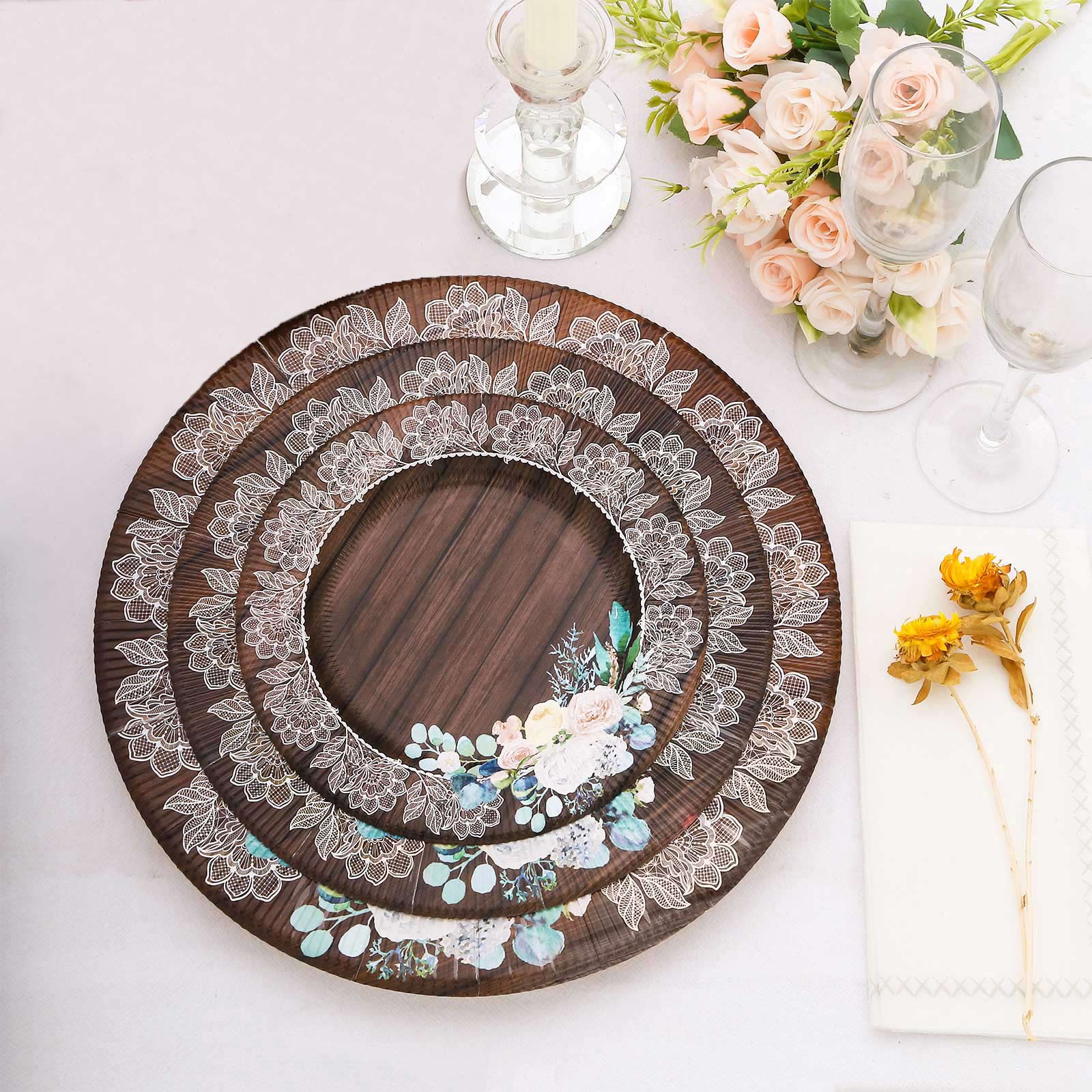 25 WHITE Floral Paper Salad DINNER PLATES GOLD Scallop Rim Party Events